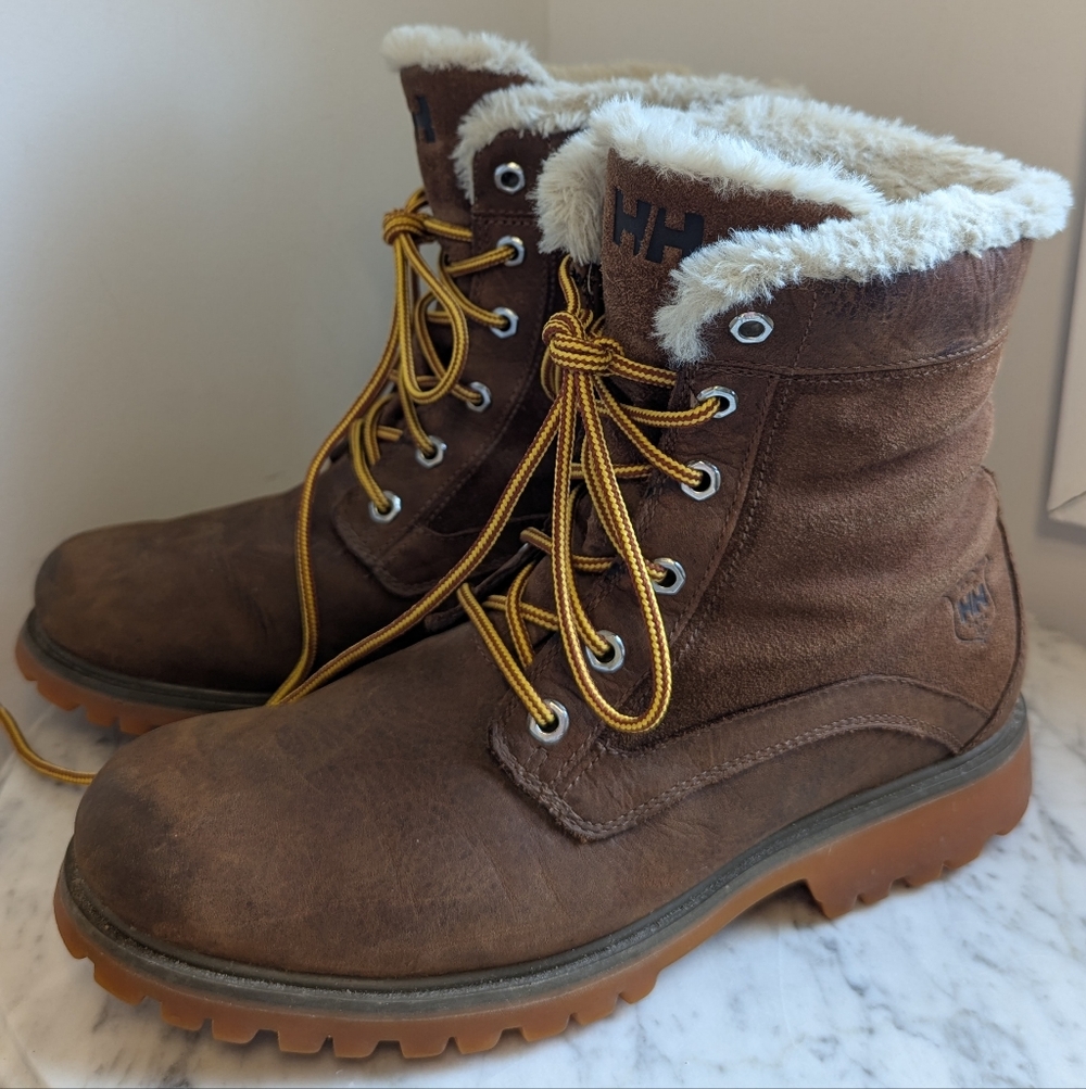 Helly Hansen Brown Faux Fur-Lined Work Style Boots with Yellow Laces 8.5 Women's